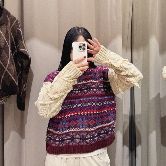 Zara Fair Isle knit pullover sweater with contrasting knit jacquard sleeves M - Picture 2 of 15